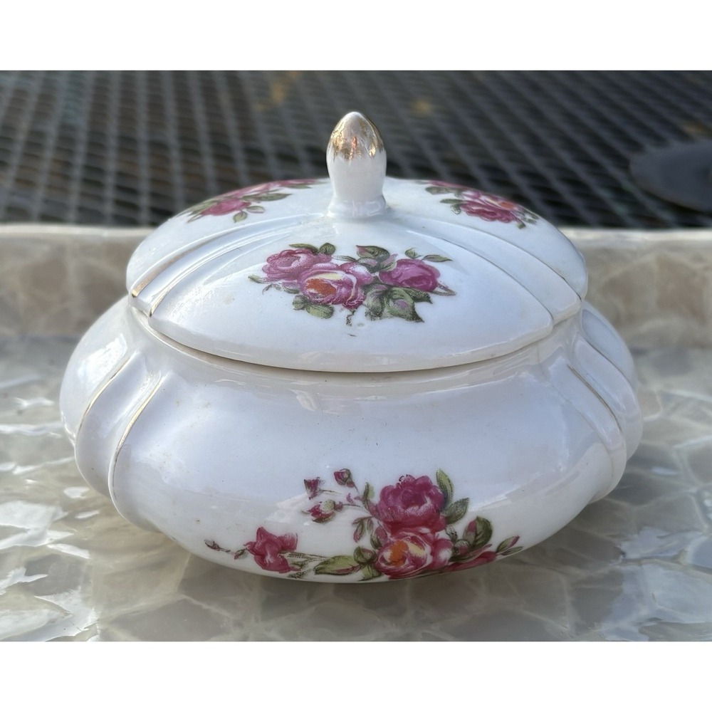 Vtg Japanese Floral Gold Trim Powder Puff Trinket Dish